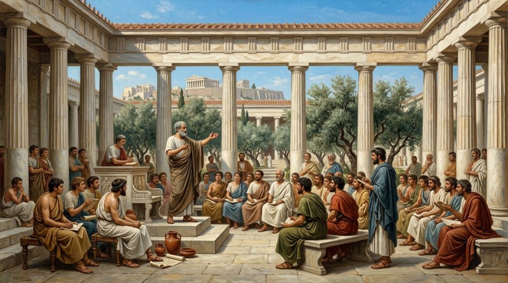 Aristotle teaching his students in Greece